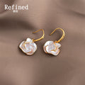 Gold Tone Clear Stone Hook And Iridescent Flower Drop Earrings view 4