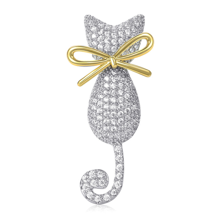 Clear Crystal Cat Silhouette Brooch With Gold Tone Bow