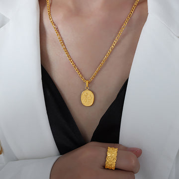 Oval Embossed Flower Pendant Necklaces Gold Steel Figaro Rope