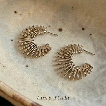 Coffee Gold Sunburst Radial Open Hoop Stud Earrings