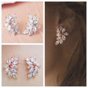 Marquise Leaf Cluster Stud Earrings White Gold Rose Gold