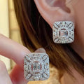 Square Floral Clear Stone Statement Earrings Metal Jewelry Design view 3
