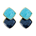 Gold-Rim Aqua Navy Stacked Marbled Square Stud Earrings view 5