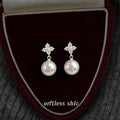 Silver Tone Clear Stone Four Petal Flower And Pearl Stud Earrings view 1