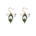 Gold White Lily of the Valley Green Leaf Drop Earrings view 5