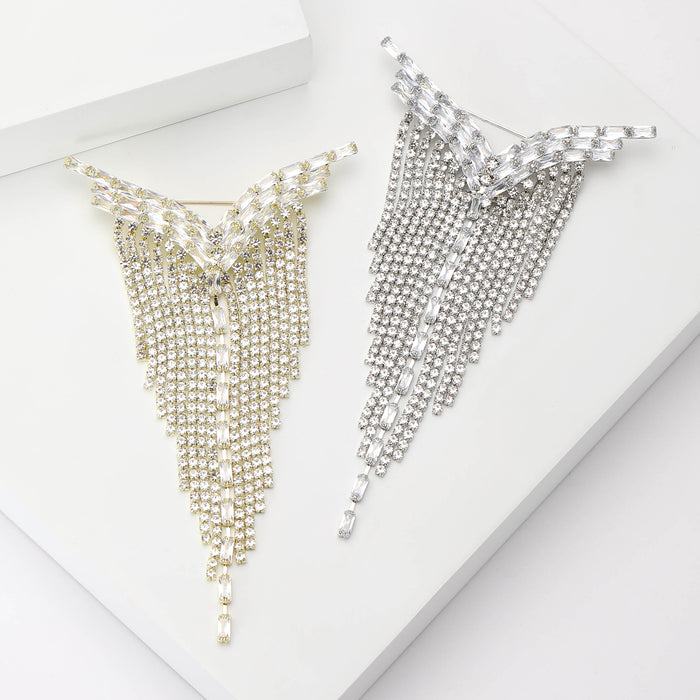 V Shaped Crystal Brooch With Graduated Long Fringe in Two Tones