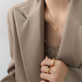 Gold Rose Steel Puffy Heart Pendant Snake Chain Necklace view 4