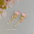Gold Tone Pink Flower Green Leaf And Pearl Branch Stud Earrings view 2