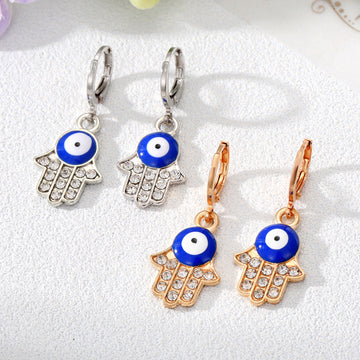 Gold and Silver Tone Crystal Hamsa Evil Eye Huggie Earrings