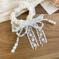 White Lace Bow Pearl Bead Tassel Scrunchie Hair Tie view 6