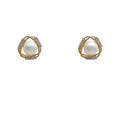 Gold Tone Clear Stone Halo Large White Pearl Stud Earrings view 5