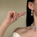 Silver Pearl Rhinestone Choker Necklace Drop Earrings Set view 3