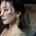 Gold Disc Multicolor Beaded Fringe Statement Earrings view 4
