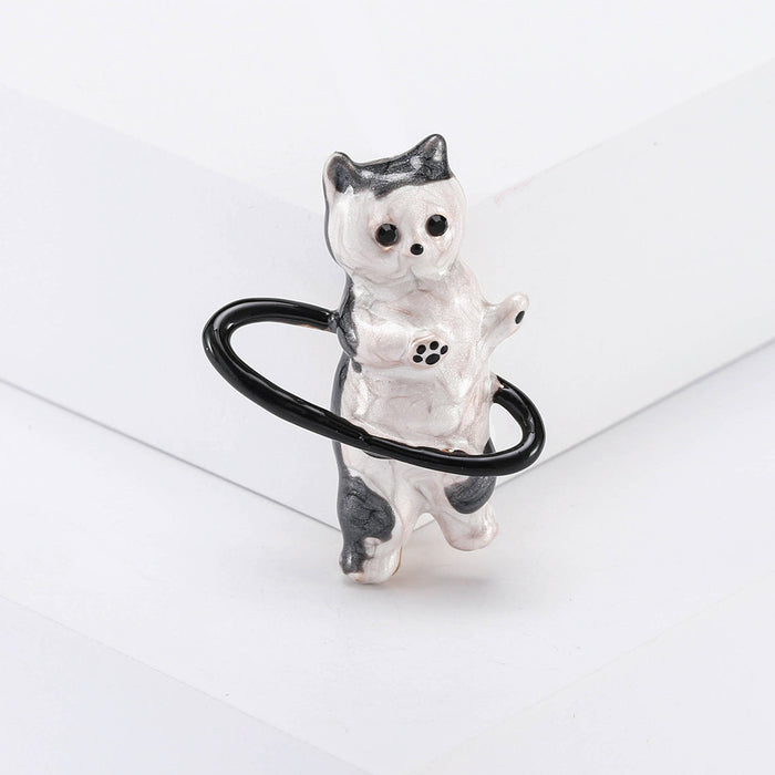Standing Gray and White Cat Brooch With Glossy Black Hoop