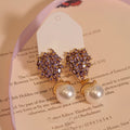 Purple Crystal Cluster Stud Earrings with Pearl Look Drops view 1