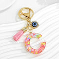 Pink Confetti Resin Letter Evil Eye Charm Tassel Keychain view 6