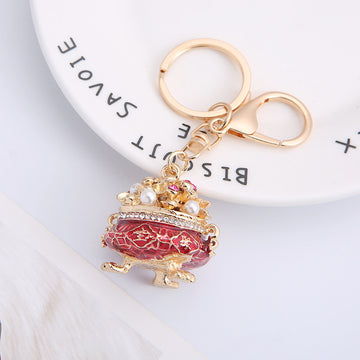 Chinese Treasure Bowl Rhinestone Enamel Metal Keychain Charm