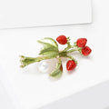 Red Strawberry Bouquet Brooch With Green Leaves and Pearl view 3