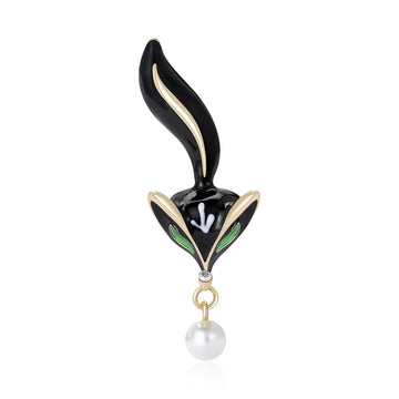 Abstract Fox Brooch in Black or White Enamel With Pearl Drop