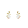 Gold White Enamel Bow Pearl Drop Stud Earrings Pair view 5