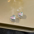 Silver Heart Huggie Earrings Pink Square Green Accent view 2
