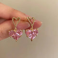 Gold Open Heart Stud Pink Heart CZ Drop Earrings Pair view 1