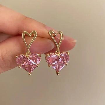 Gold Open Heart Stud Pink Heart CZ Drop Earrings Pair