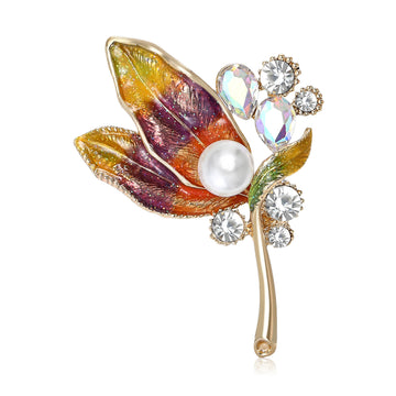 Multicolor Enamel Leaf Pearl Rhinestone Brooch Gold Tone