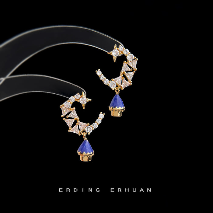 Gold Crystal Crescent Moon Blue Castle Drop Earrings Two Styles
