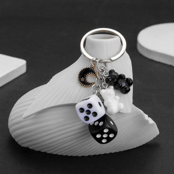 Black White Dice Bear and Moon Resin Metal Keychain