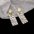 Gold Disc Silver Hammered Rectangle Drop Earrings Two Tone view 3
