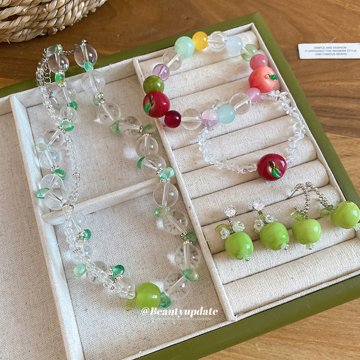 Green Apple Bead Earrings Necklace Bracelet and Flower Rings