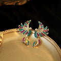 Gold Tone Multicolor Bird Stud Earrings Polished Statement Fashion Jewelry view 2