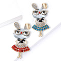 Gold Tone Rhinestone Bunny Girl Brooch Blue Red Skirt view 2