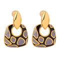 Gold Tone Enamel Drop Earrings Leaf Stud Geometric Pattern view 5