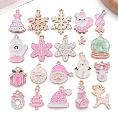 Colorful snowflake charms arranged on a light background