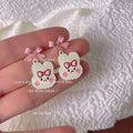 White Bunny Face Pink Bow Drop Earrings Matching Pair Style view 4