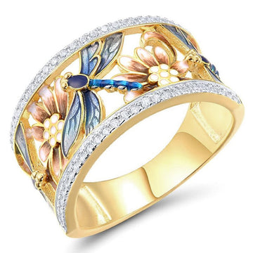 Gold Tone Enamel Dragonfly Lotus Band Ring With CZ Edges