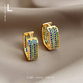 Gold-Tone Blue Green CZ Pave Square Huggie Earrings view 3