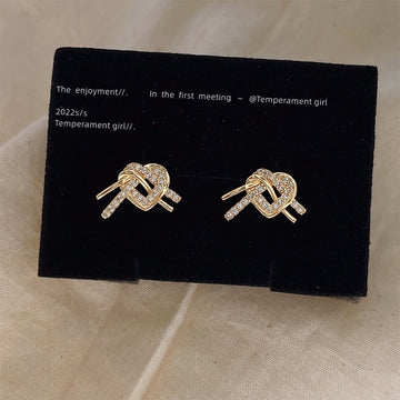 Gold Heart Knot Pave Crystal Stud Earrings Matching Pair