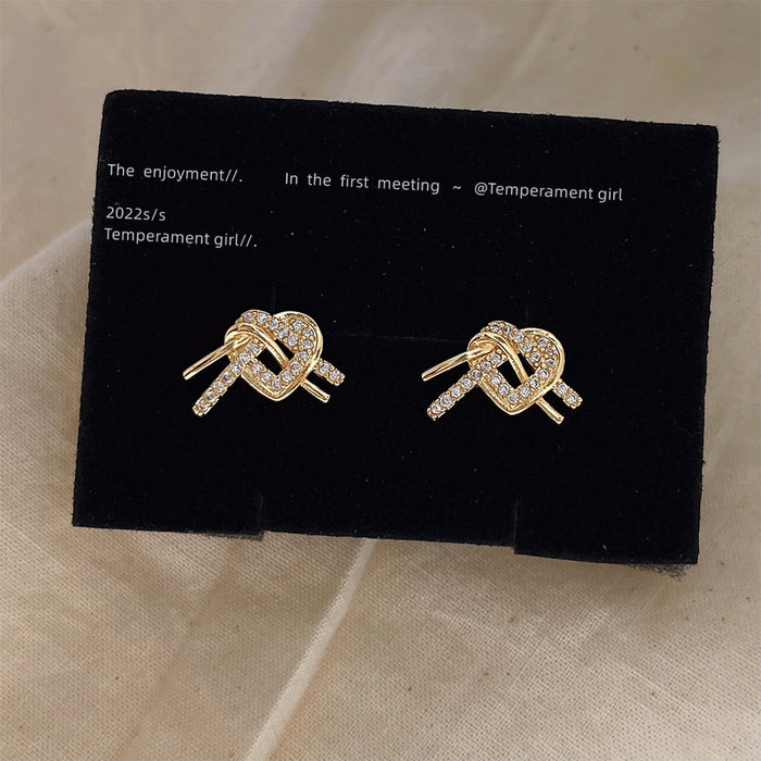 Gold Heart Knot Pave Crystal Stud Earrings Matching Pair