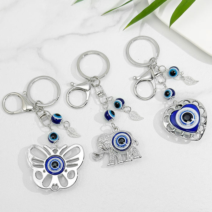 Evil Eye Elephant Heart Butterfly Charm Keychain with Blue Beads