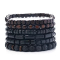 Five Piece Multi Layer Wood Bead Elastic Bracelet Stack Set view 4