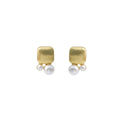 Brushed Square Metal Pearl Duo Stud Earrings Gold Tone view 5