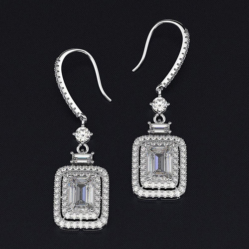 Rectangular Clear Stone Silver Hook Earrings Metal Jewelry Design shown from an alternate angle
