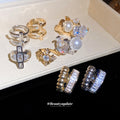 Mixed Crystal Pearl and Cross Ear Cuff Collection in Gold and Silver view 4