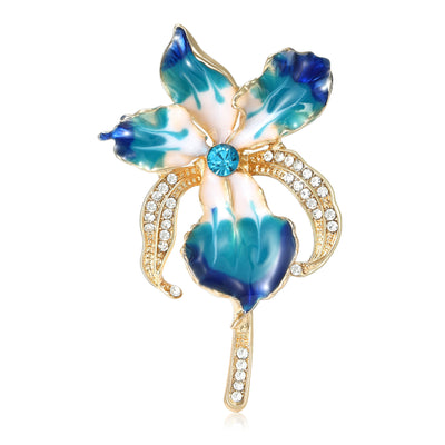 Main front view of Blue And Purple Enamel Orchid Brooch With Crystal Curves