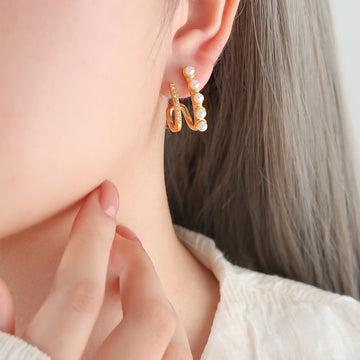 J Shape Pearl Rhinestone Dual Curve Earrings Gold Steel