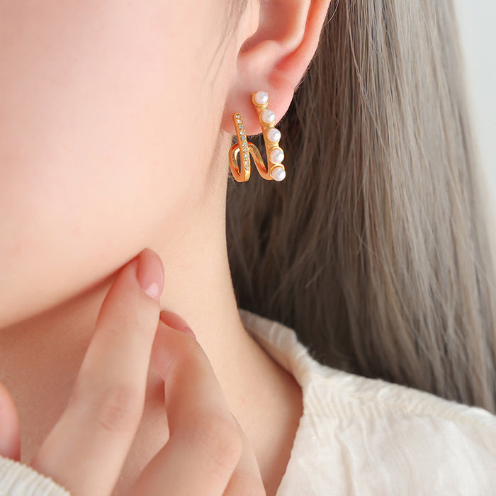 J Shape Pearl Rhinestone Dual Curve Earrings Gold Steel