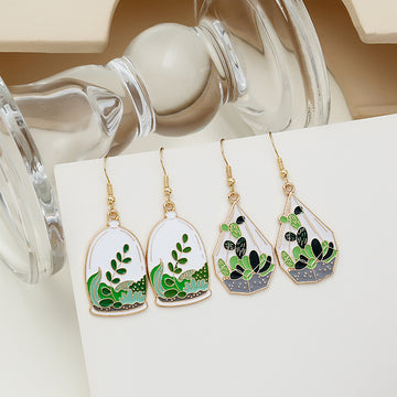 Gold Hook Enamel Plant Terrarium Dome Drop Earrings
